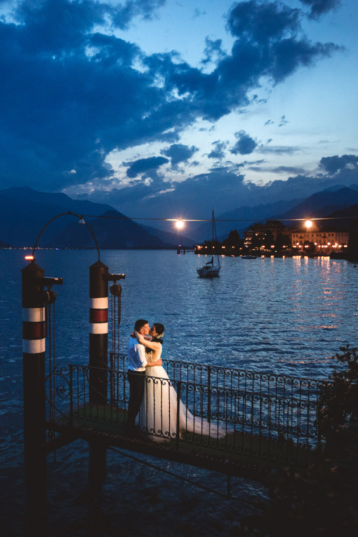 Lake Maggiore, Villa Rusconi's jetty at the sunset with bride and groom and view of the lake